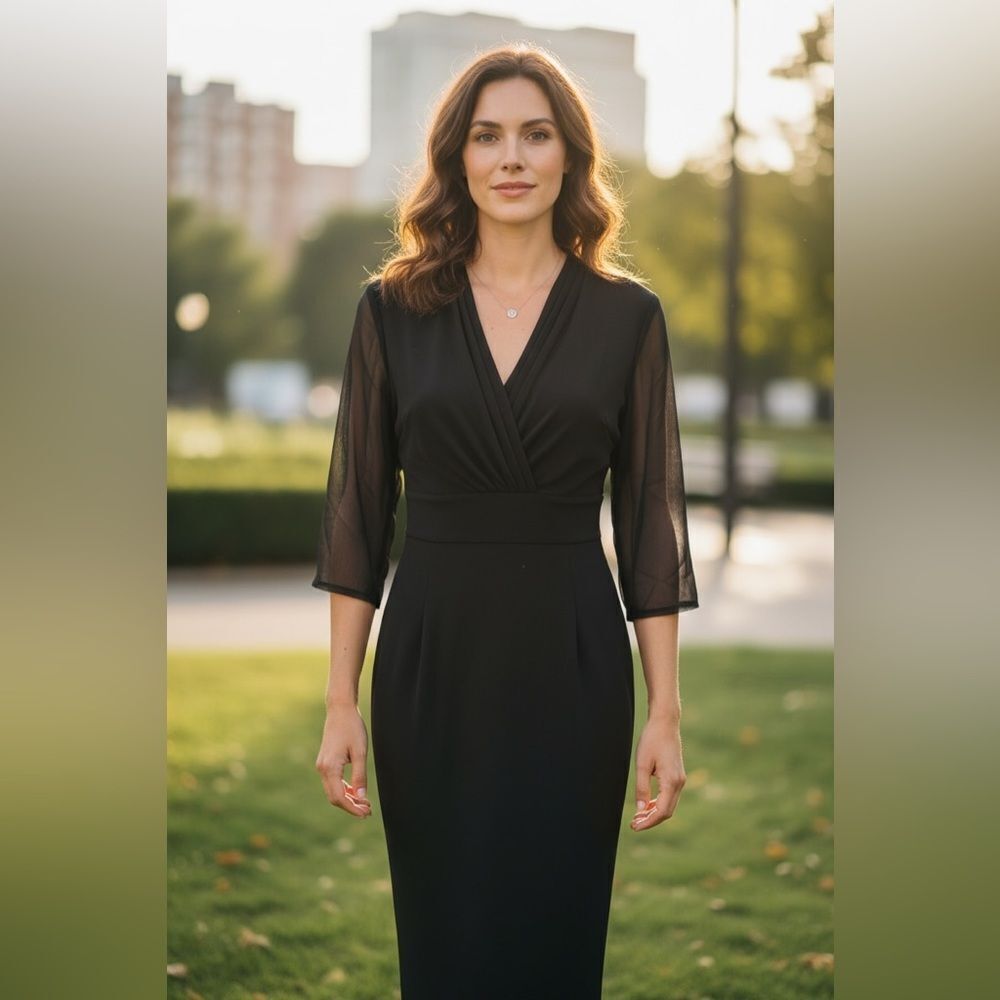 EUC Leslie Faye Women’s Black Sheer Long Sleeve V Neck Maxi Dress - Size 14